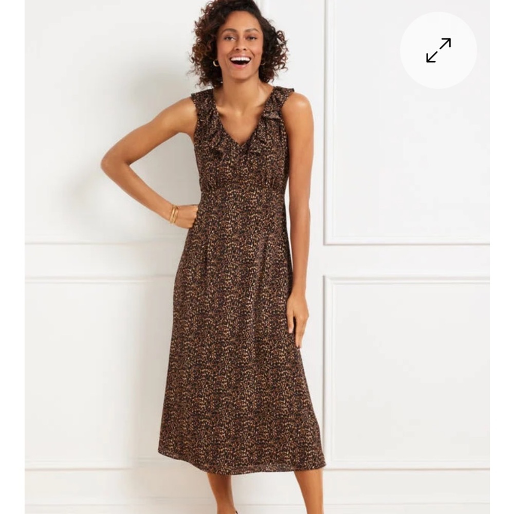NWT Talbots size 6 black & Brown animal Sleeveless ruffle shoulder Midi Dress